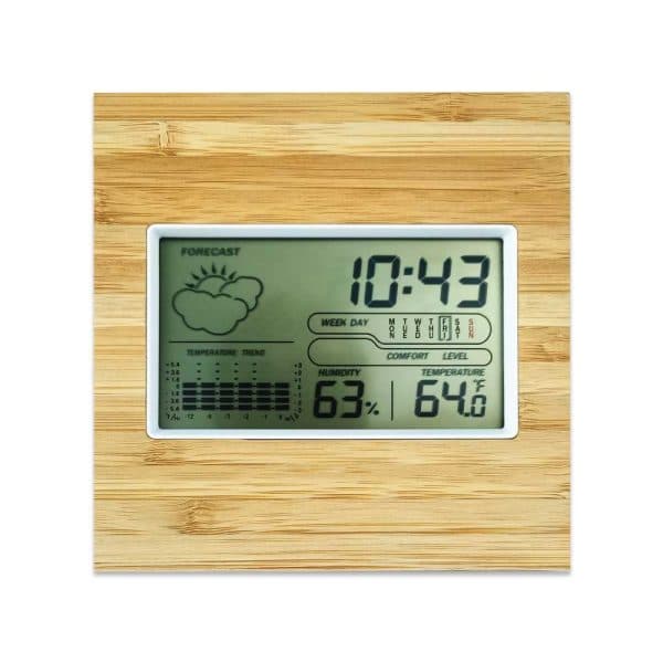 Multi-Function Bamboo Digital Clock with Weather Forecast, Calendar, Alarm, Temperature - View 1