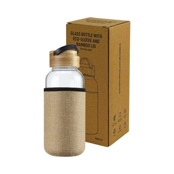 Glass Bottles with Bamboo Lid and Eco Sleeve, 1 liter - View 1