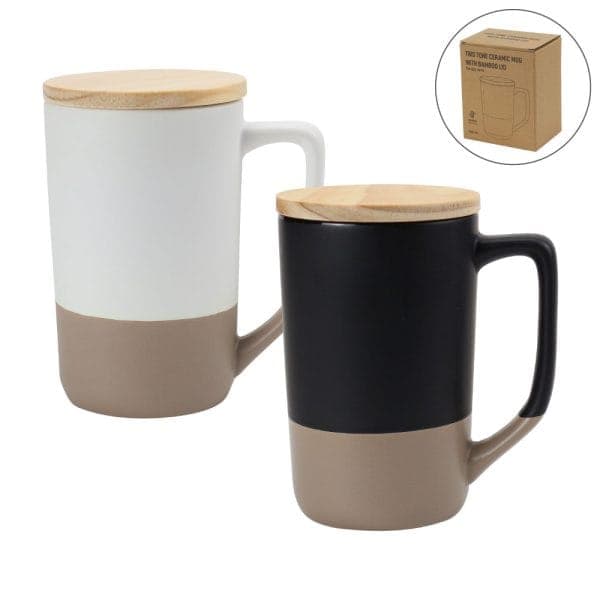 Two-toned Ceramic Mugs with Clay Bottom, Bamboo Lid - View 1