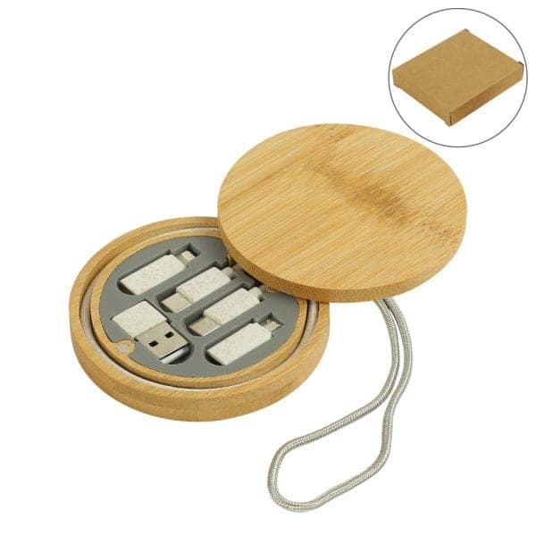 Multi-Charging Cable Set in Round Bamboo Case - View 1