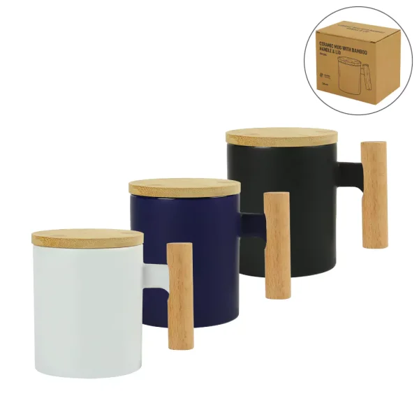 Ceramic Coffee Mugs with Bamboo Handle and Lid 380ml - View 1