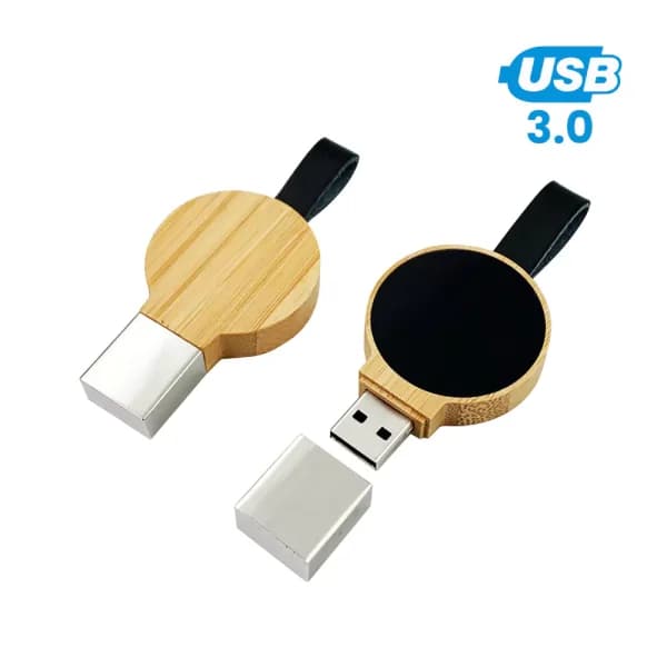 Bamboo Round LED Logo USB with Strap 64GB V. 3.0 - View 1