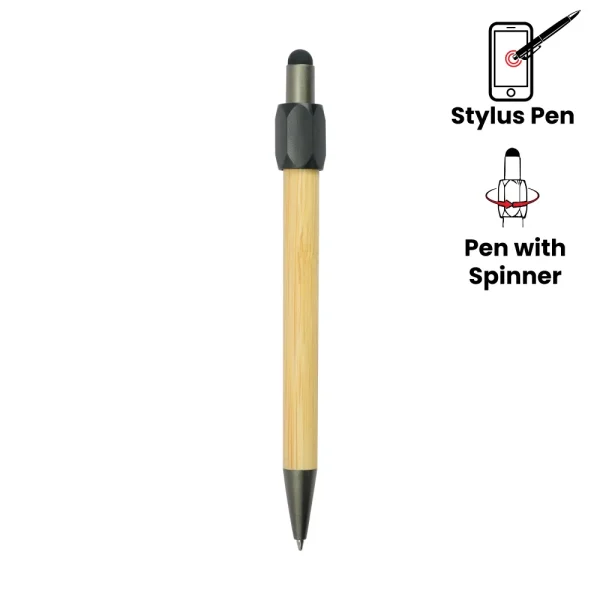 Bamboo and Metal Stylus Pens with Top Spinner (Blue Ink) - View 1
