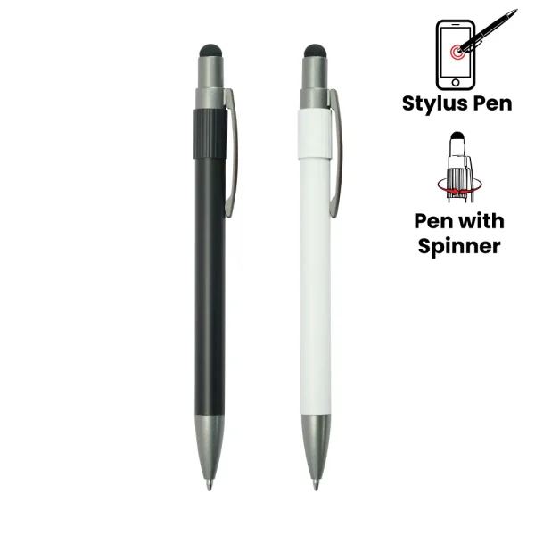 Stylus Metal Pens with Spinner – Push Button (Blue Ink) - View 1