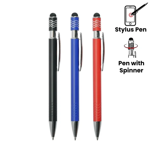 Stylus Metal Pens with Wave Design Top Spinner (Blue Ink) - View 1