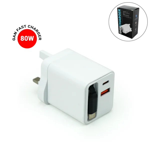 80W GaN Fast Charger Adaptor with Retractable Built-in Type-C Cable - View 1