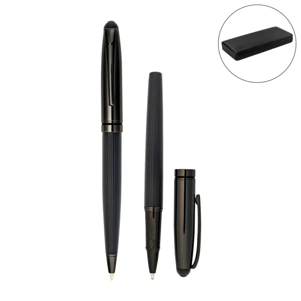 Black Metal Pen Set with Matte & Glossy Finish in PU Leather Box - View 1