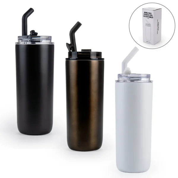 Double Wall SS Tumblers with Transparent Lid & Metal Straw – 500ml