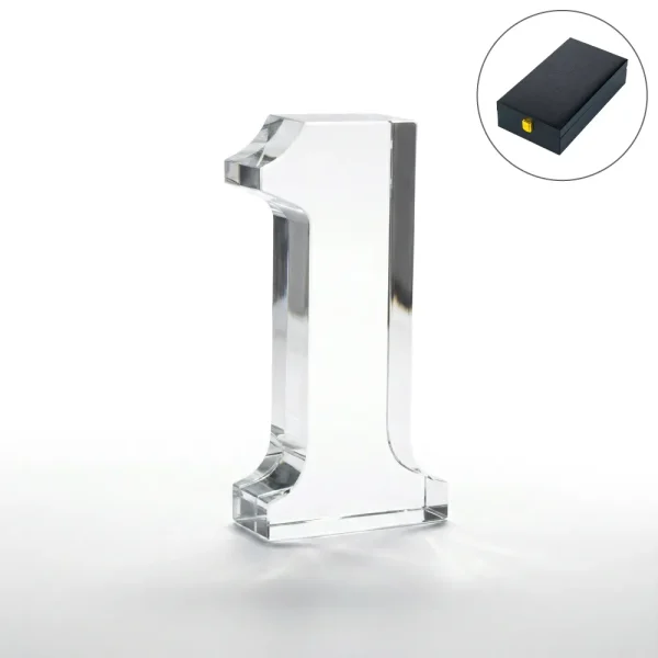 Crystal Glass Trophy in Number One Shape with Gold Lock Closure Box - View 1
