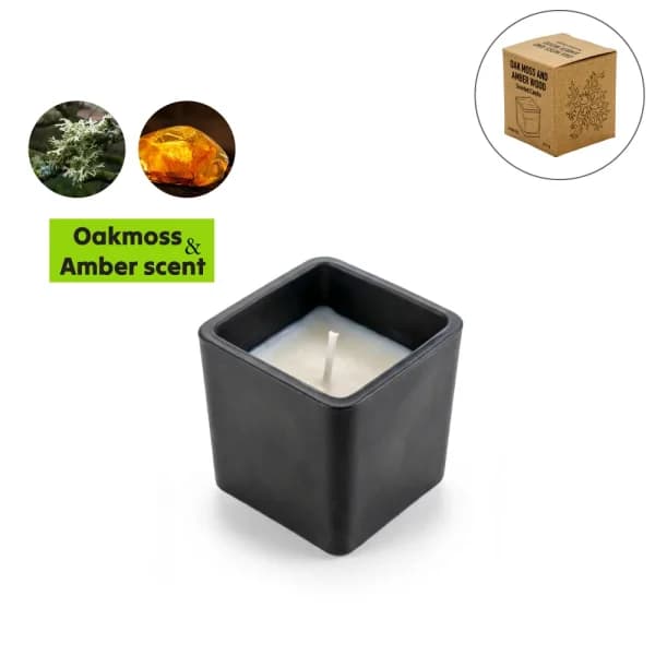 Scented Candle in Square Glass Bottle, Bamboo Lid, Oakmoss & Amber Scent - View 1